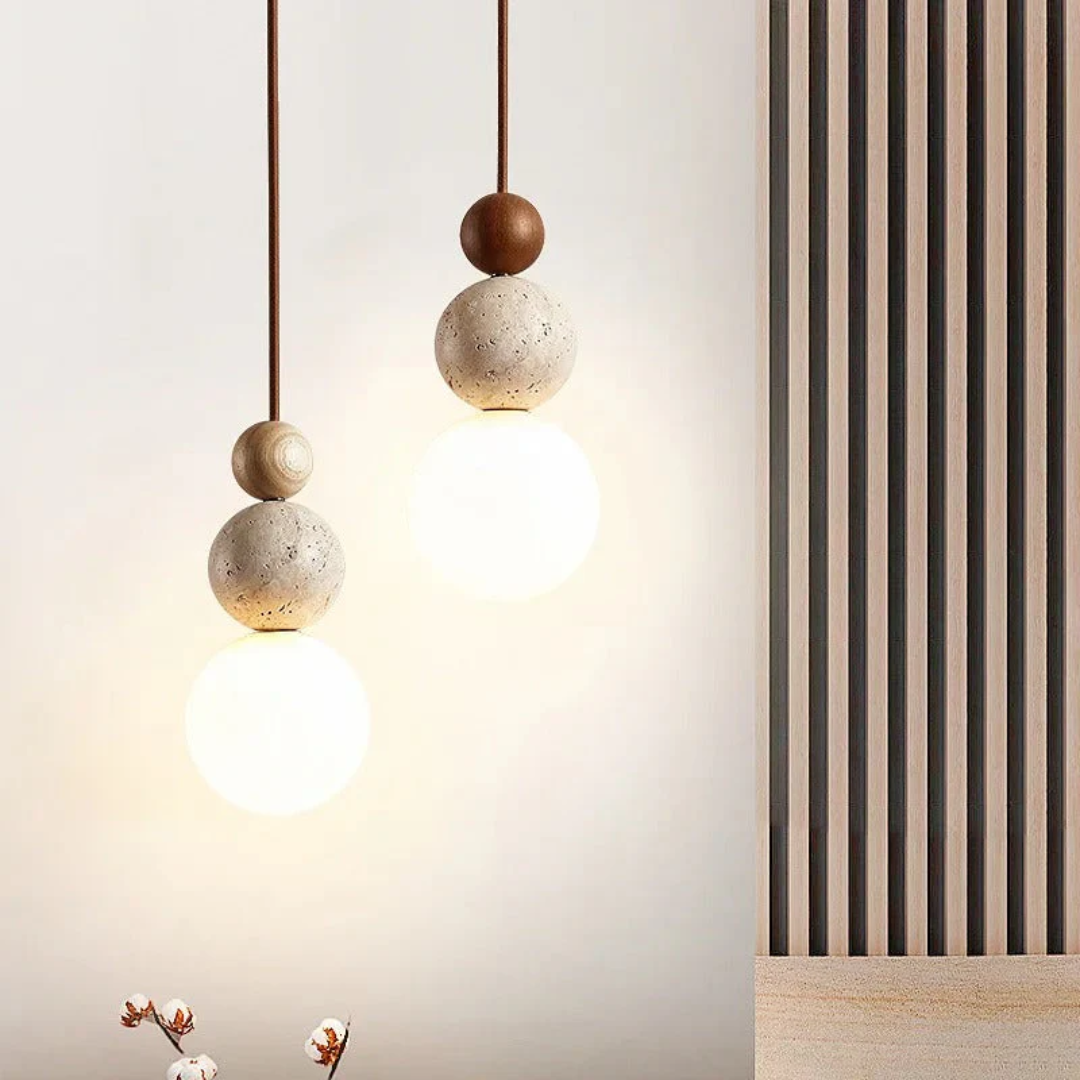 NaturaLuxe | Modern Pendant Light with Natural Travertine & Mahogany | Elegant Kitchen Pendant Lighting for Warm Ambiance 3