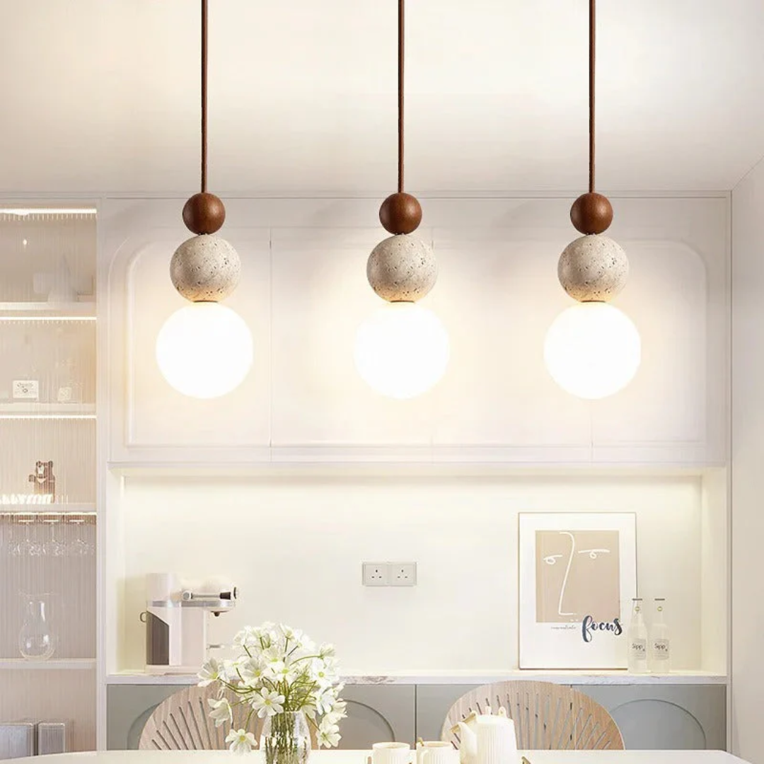 NaturaLuxe | Modern Pendant Light with Natural Travertine & Mahogany | Elegant Kitchen Pendant Lighting for Warm Ambiance 5