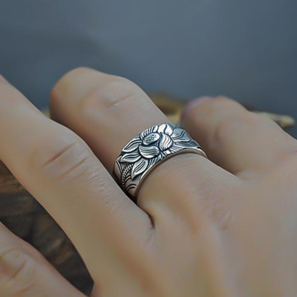 Silver Lotus Sutra Ring - Adjustable Unisex Lotus Flower Ring