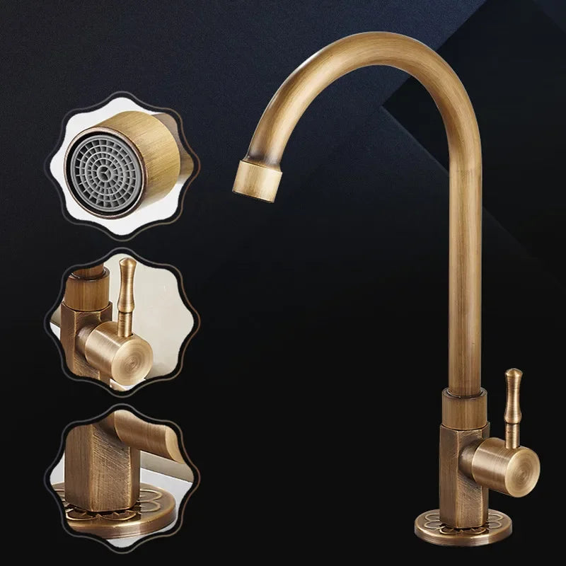 Swan-Neck Antique Brass Kitchen Faucet
