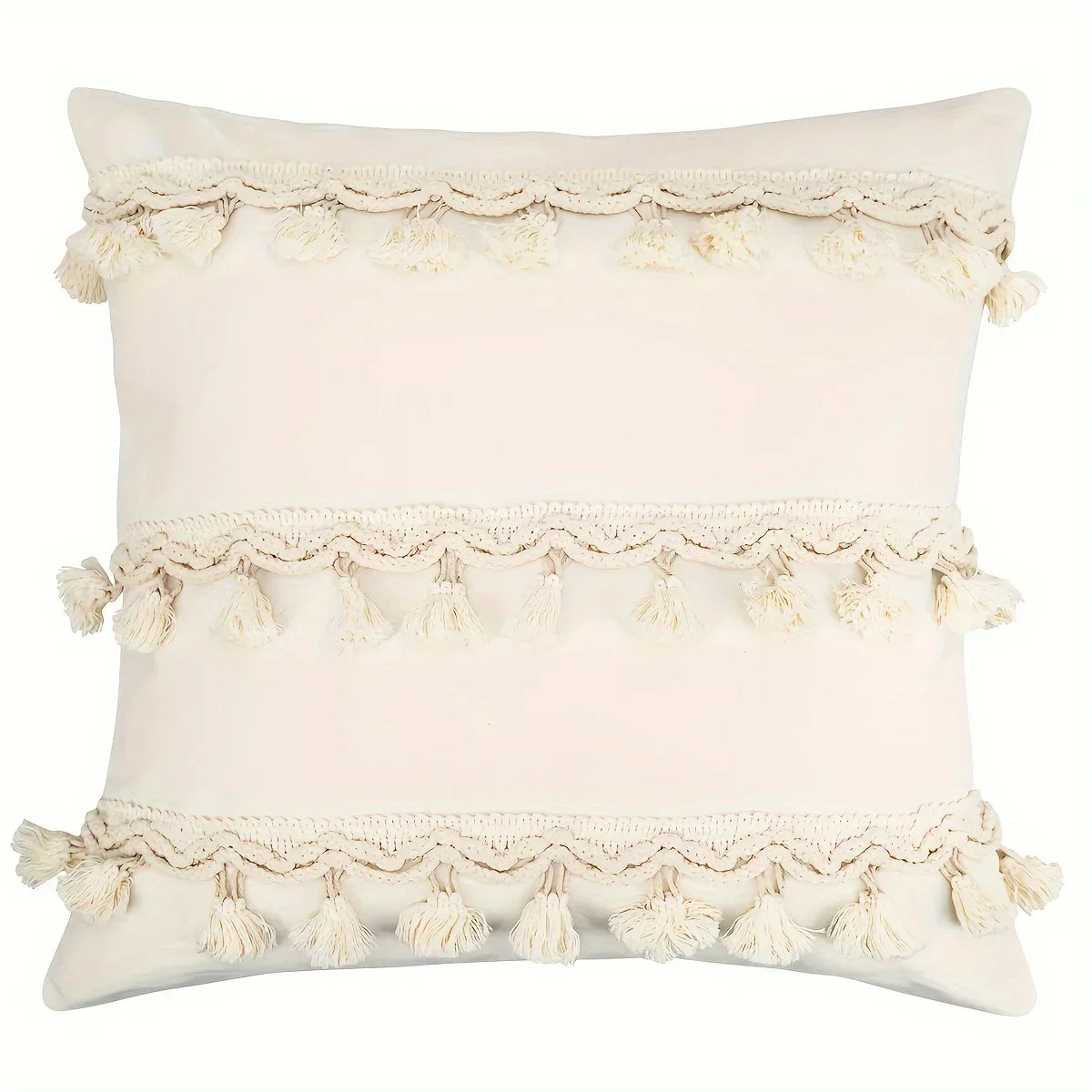 Bohemian Cushion Cover - Geometric Beige & Fringe