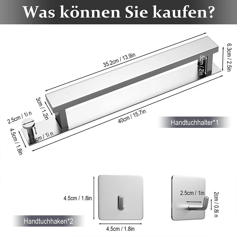 Self-Adhesive Towel Rack - Silver & Black Bath Rail