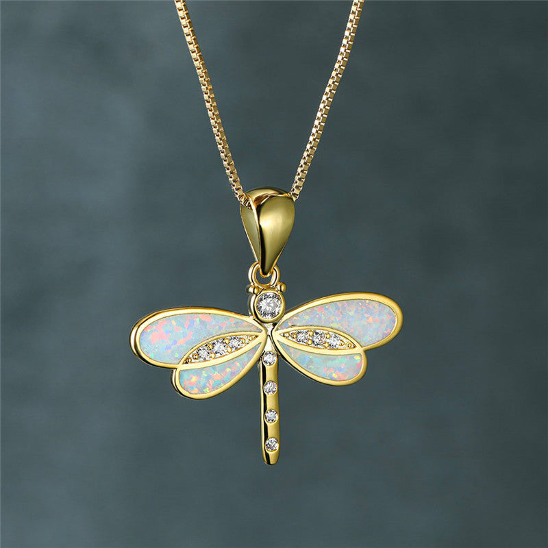 Isolde Dragonfly Necklace - Golden Opal Pendant for a Magical Look