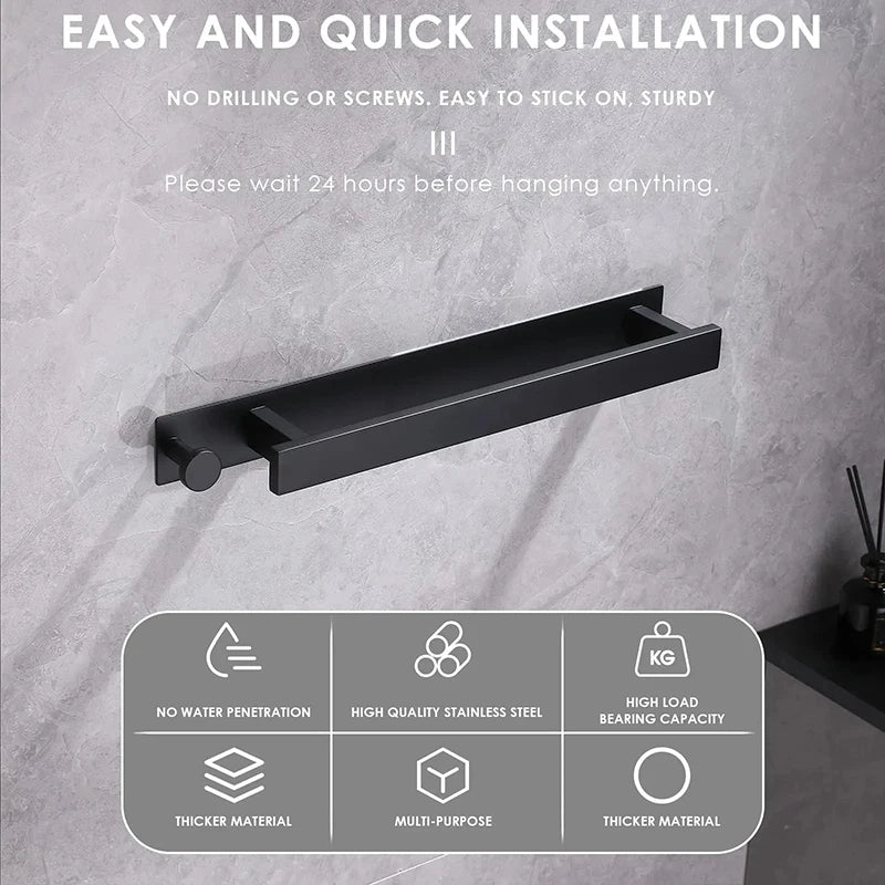 Self-Adhesive Towel Rack - Silver & Black Bath Rail