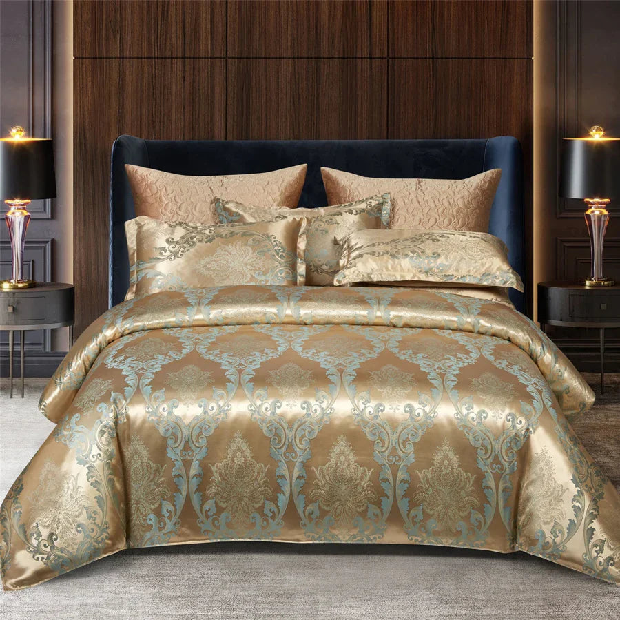 Satin Jacquard Duvet Cover - Gold & Blue Luxe