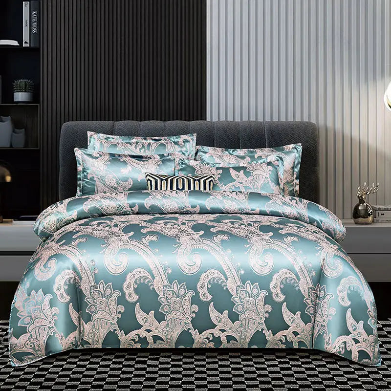 Satin Jacquard Duvet Cover - Gold & Blue Luxe