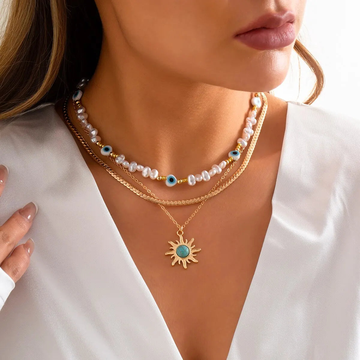 EthnoCharm Necklace Set - Sunflower and Evil Eye 3-Piece