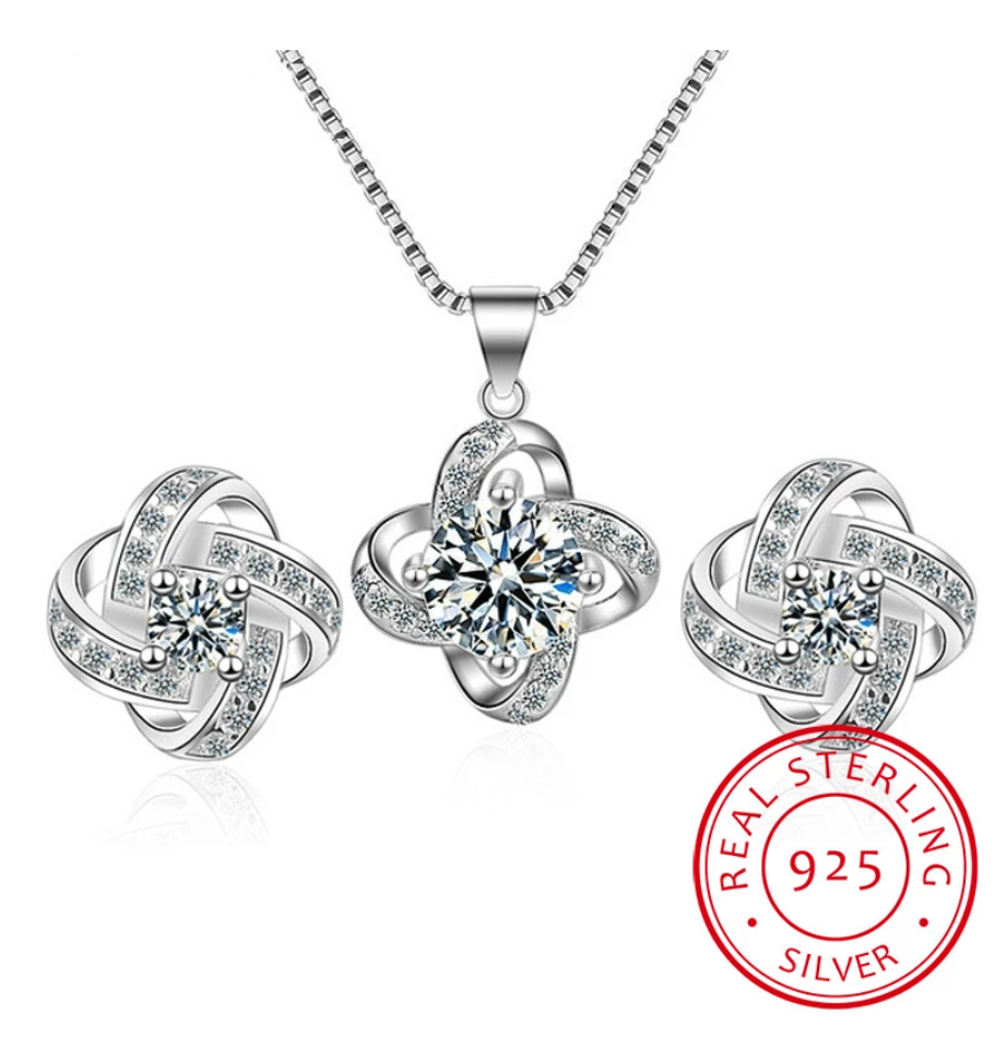 Love Knot Necklace and Earrings Set - Sterling Silver Jewelry Gift Set