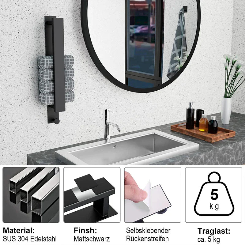 Self-Adhesive Towel Rack - Silver & Black Bath Rail