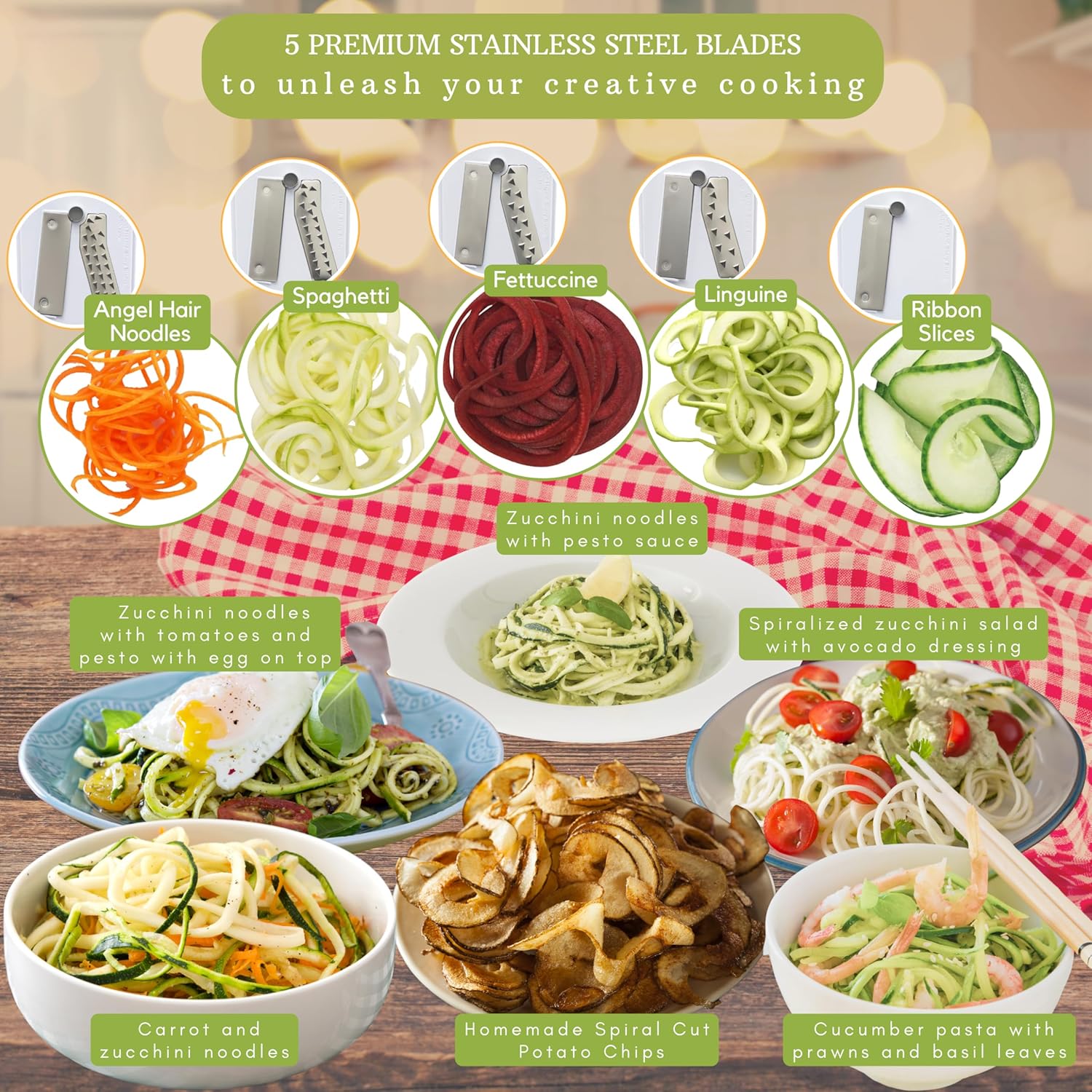 SpiralSlice | 5-Piece Vegetable Cutter with Interchangeable Blades | Durable Tool for Effortless Meal Prep 5