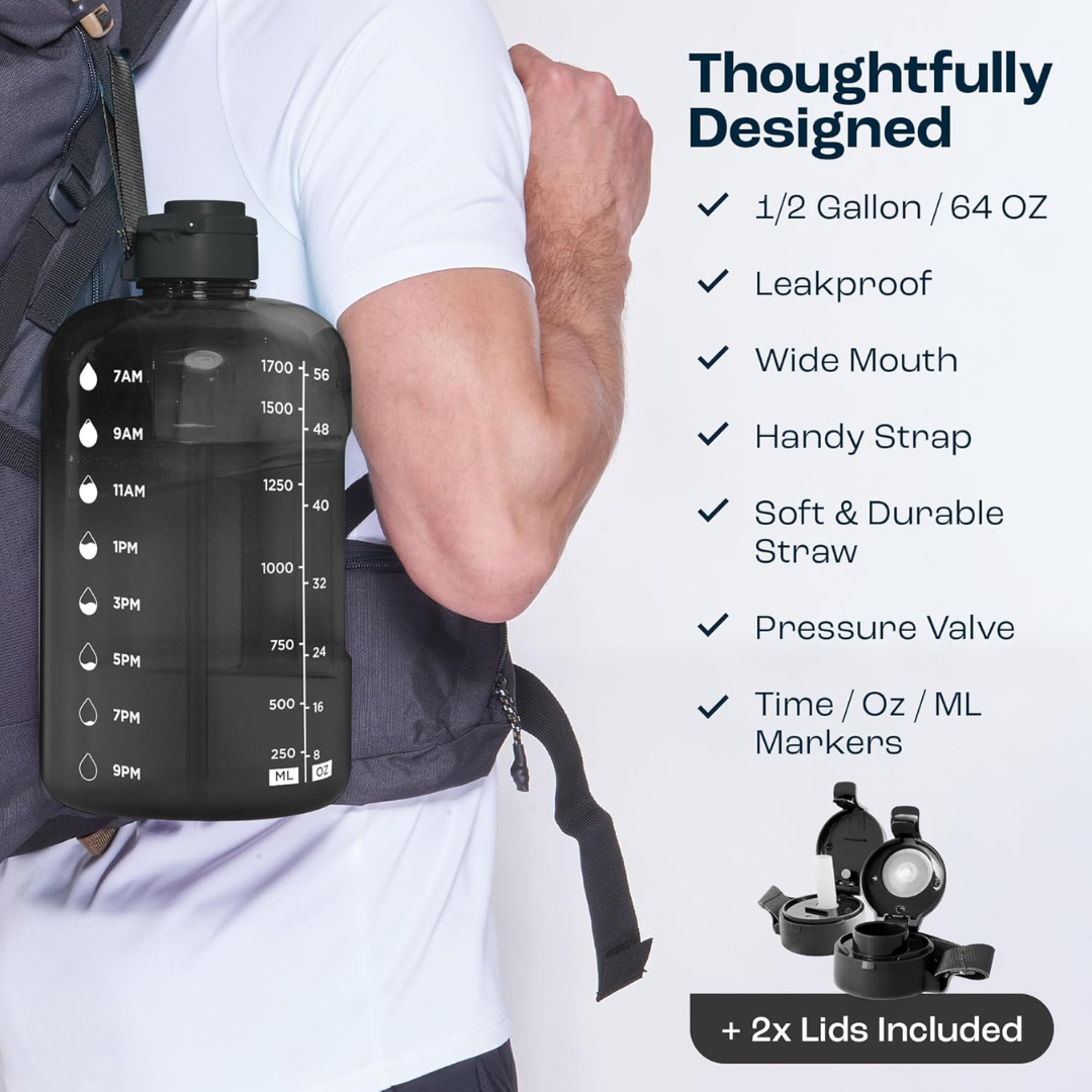 HydraMark - 2L Water Bottle with Time Markers and Carry Handle