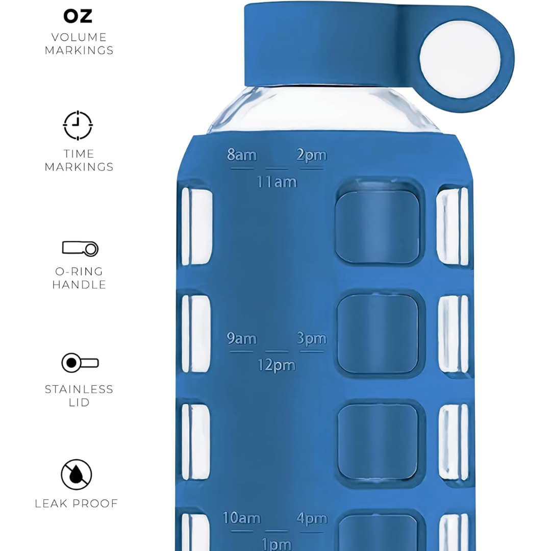 HydraFlow - Glass Water Bottle with Time Markers and Protective Sleeve
