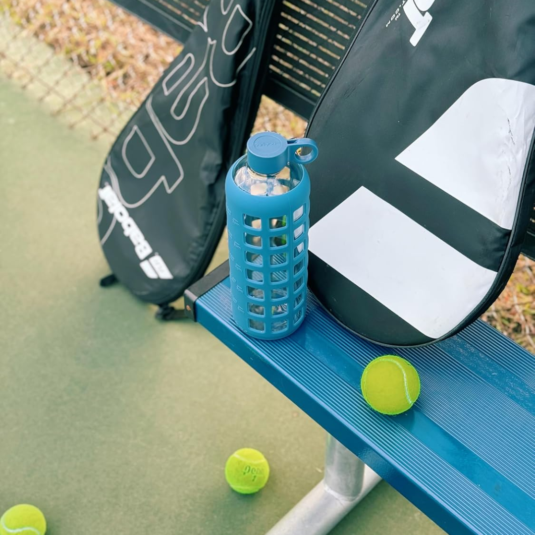 HydraFlow - Glass Water Bottle with Time Markers and Protective Sleeve