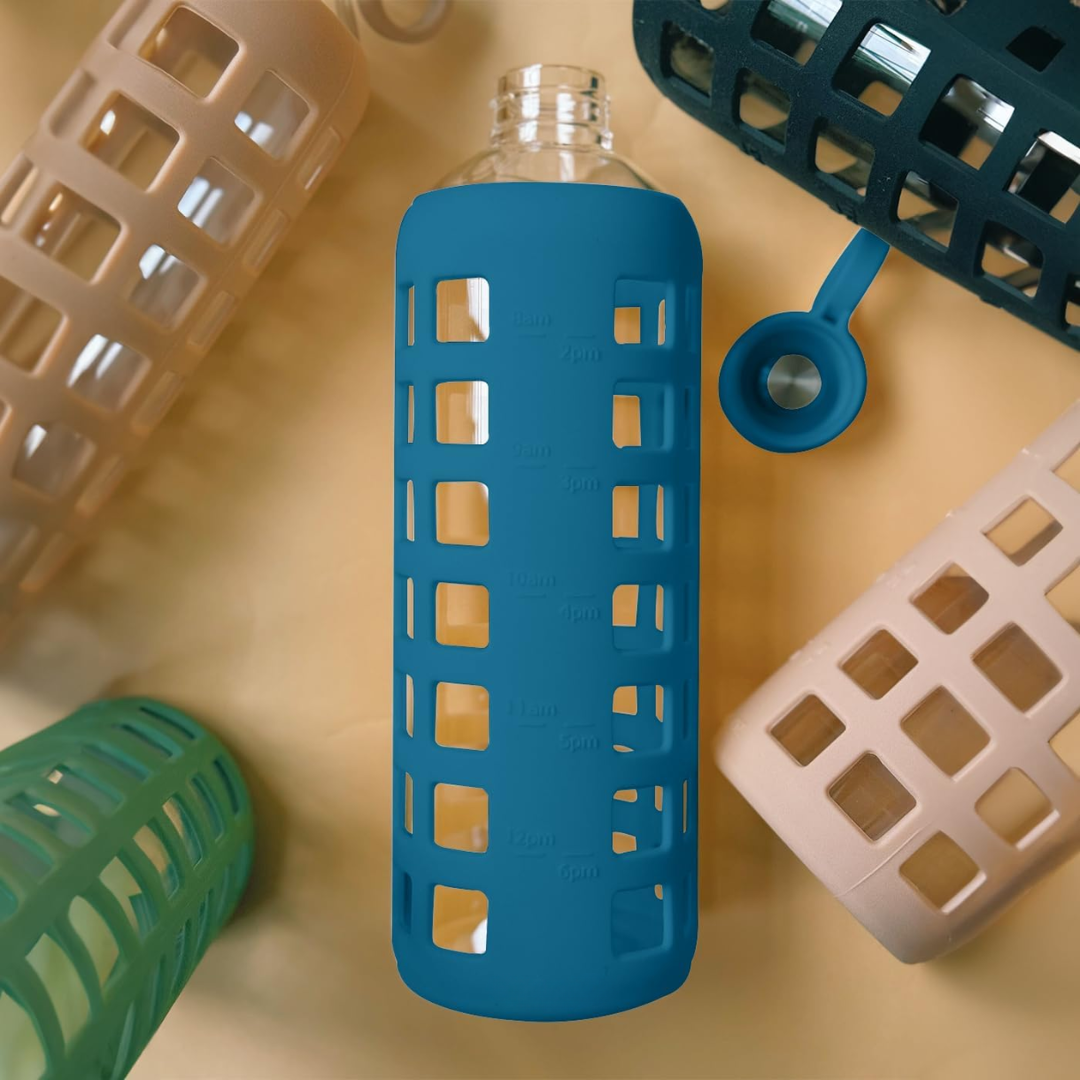 HydraFlow - Glass Water Bottle with Time Markers and Protective Sleeve