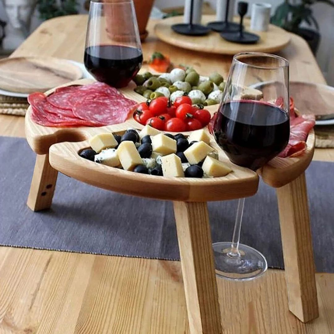 CheeseBoard Delights - Wooden Foldable Picnic Board with Wine Rack