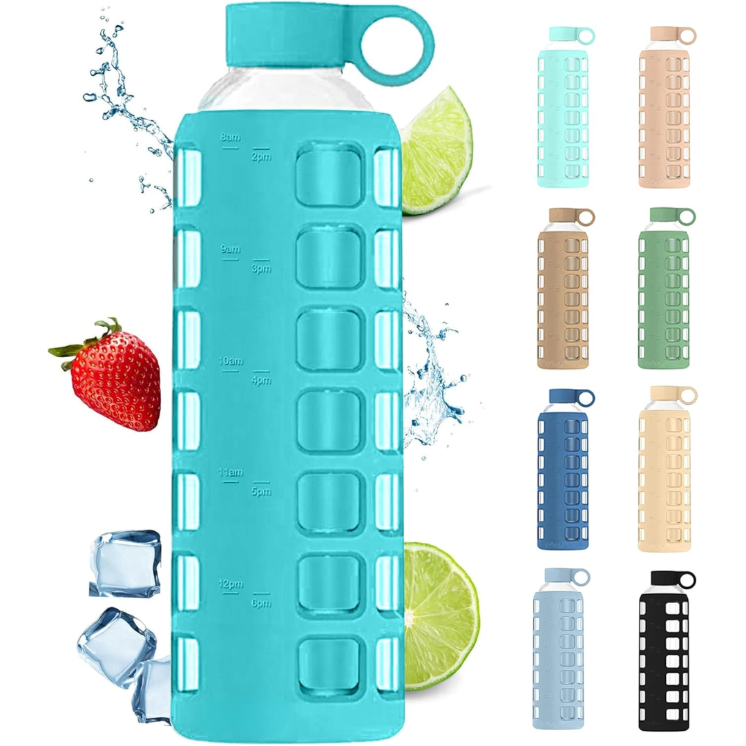 HydraFlow - Glass Water Bottle with Time Markers and Protective Sleeve
