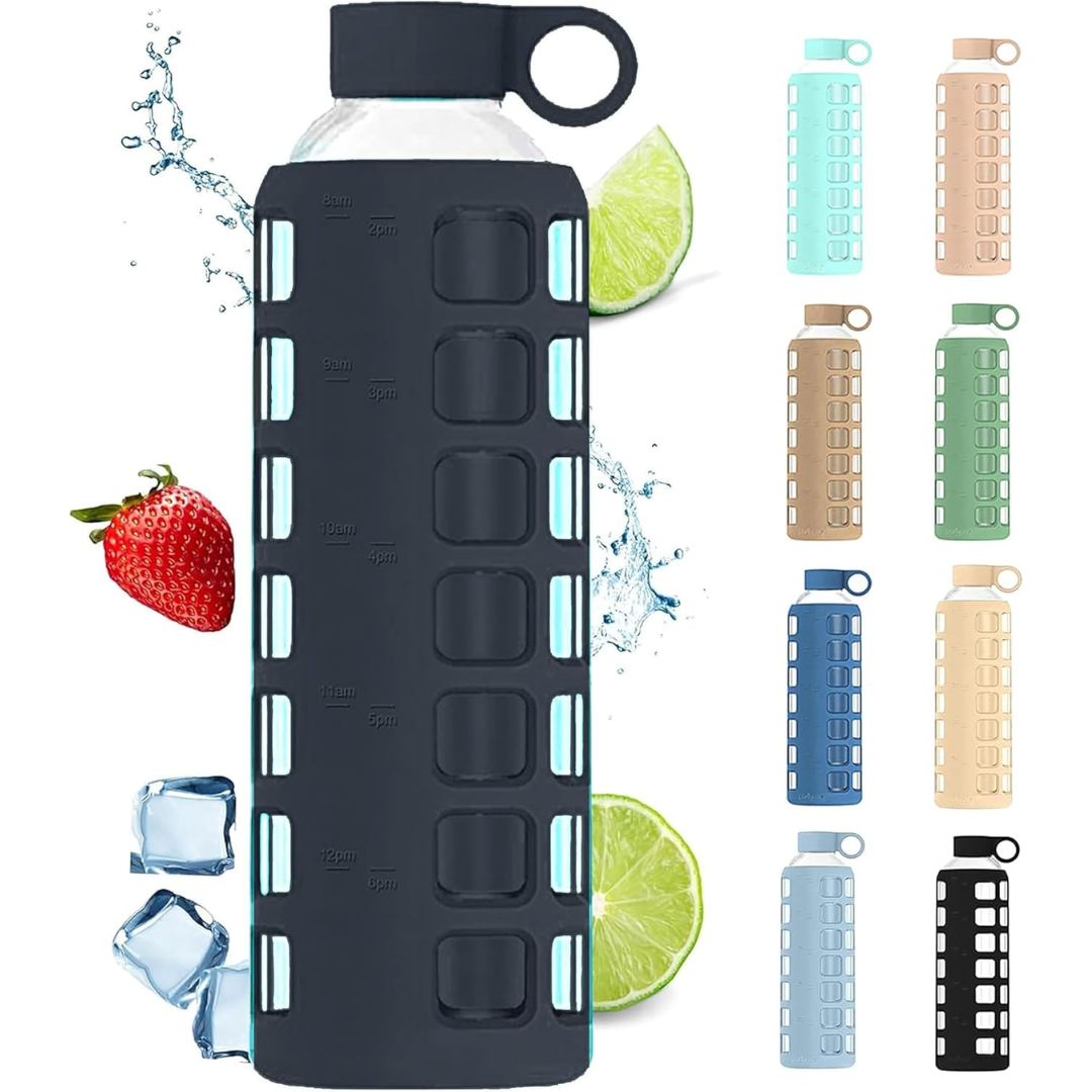 HydraFlow - Glass Water Bottle with Time Markers and Protective Sleeve