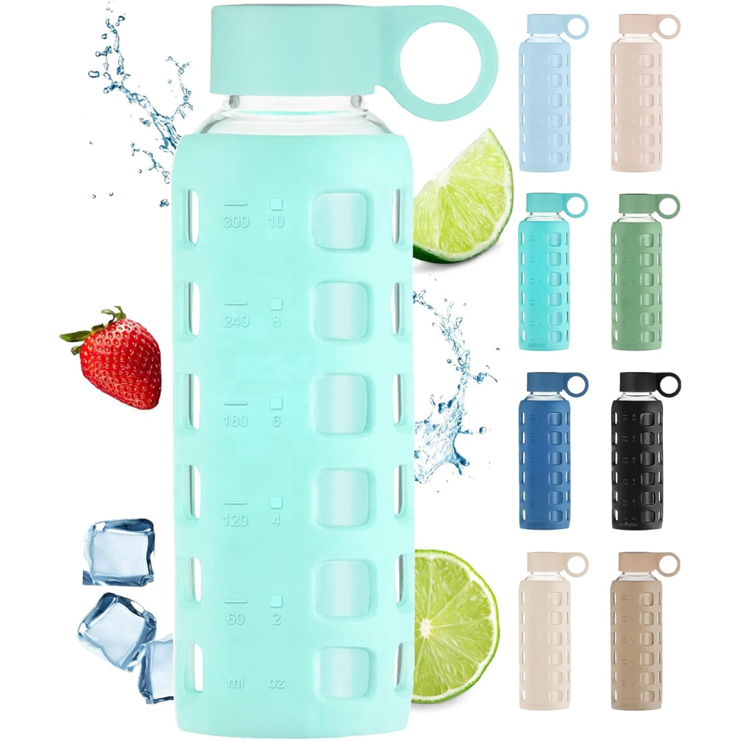 HydraFlow - Glass Water Bottle with Time Markers and Protective Sleeve