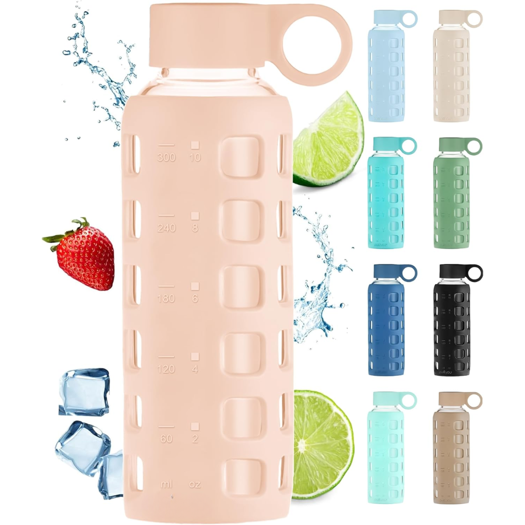 HydraFlow - Glass Water Bottle with Time Markers and Protective Sleeve