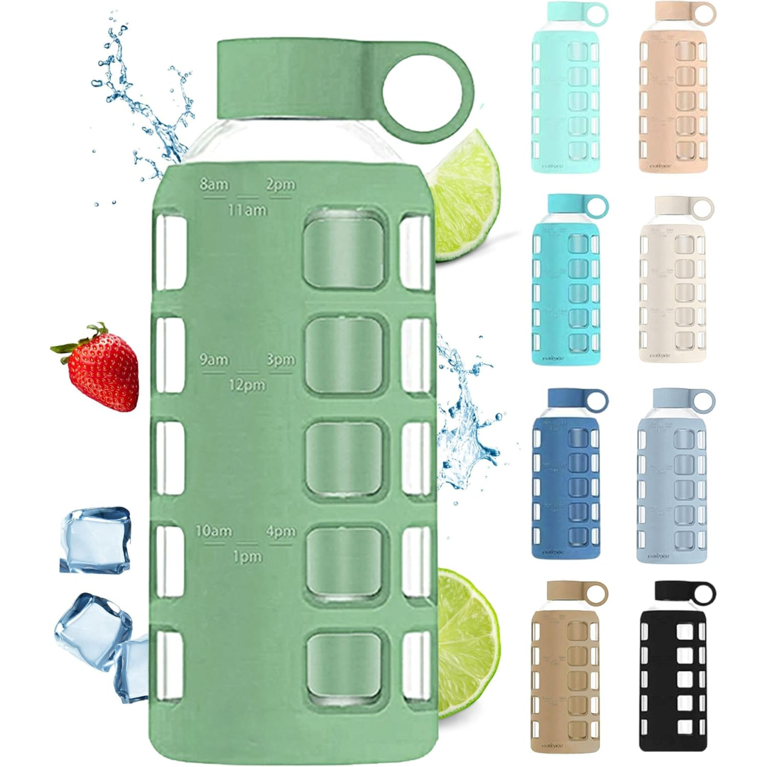 HydraFlow - Glass Water Bottle with Time Markers and Protective Sleeve