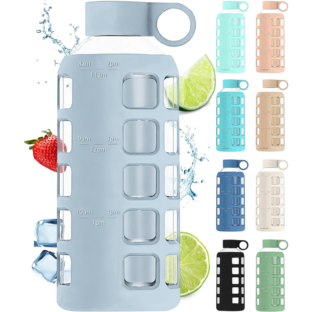 HydraFlow - Glass Water Bottle with Time Markers and Protective Sleeve