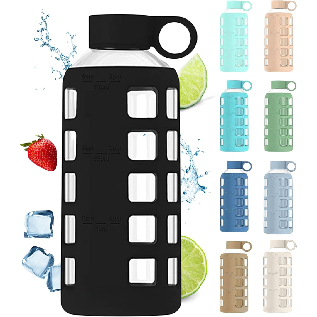 HydraFlow - Glass Water Bottle with Time Markers and Protective Sleeve