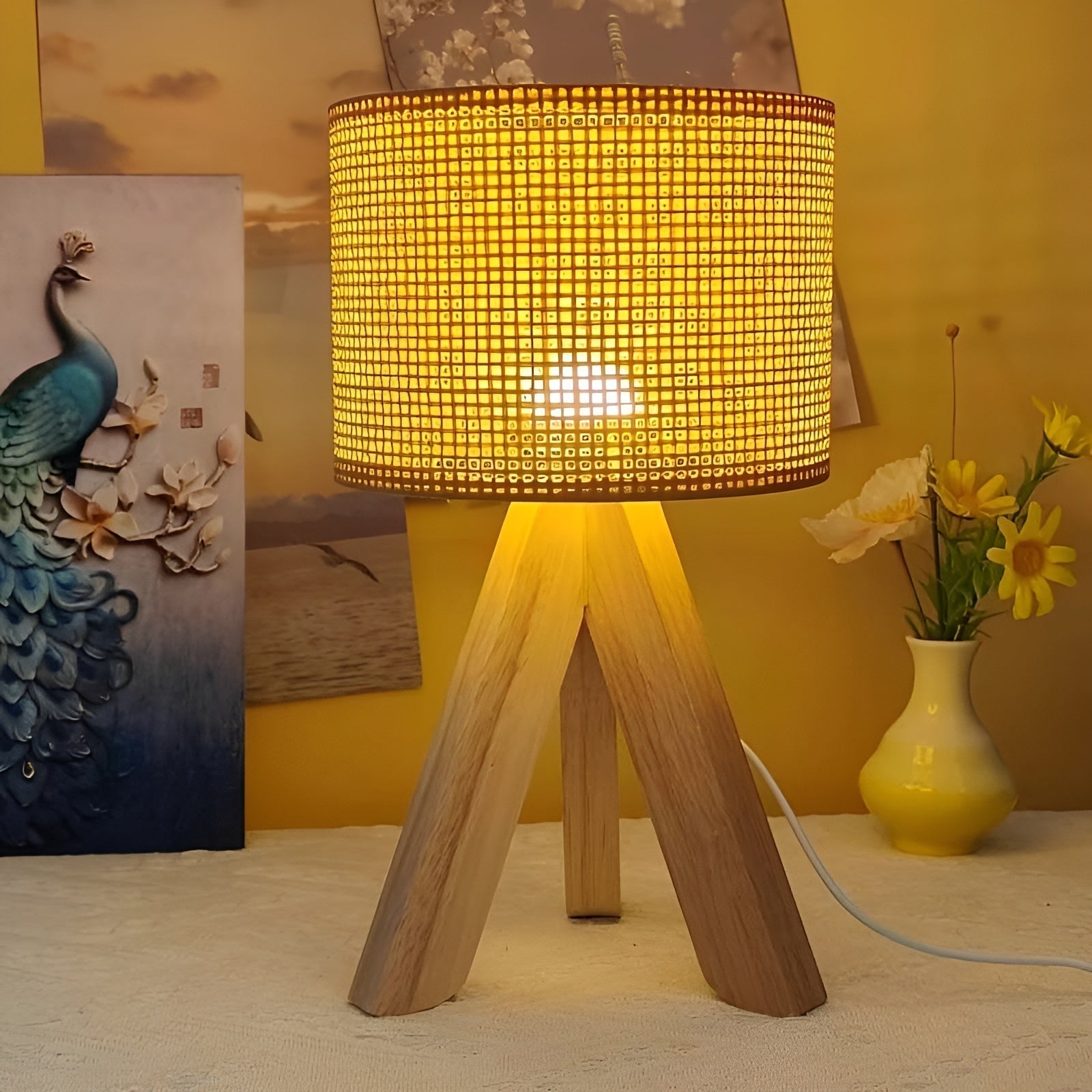 Rattan Tripod Table Lamp - Handmade USB LED Light