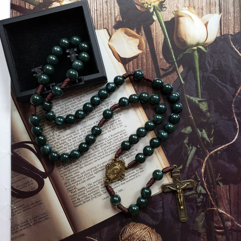 Celeste - Moss Agate Cross Rosary Necklace for Women