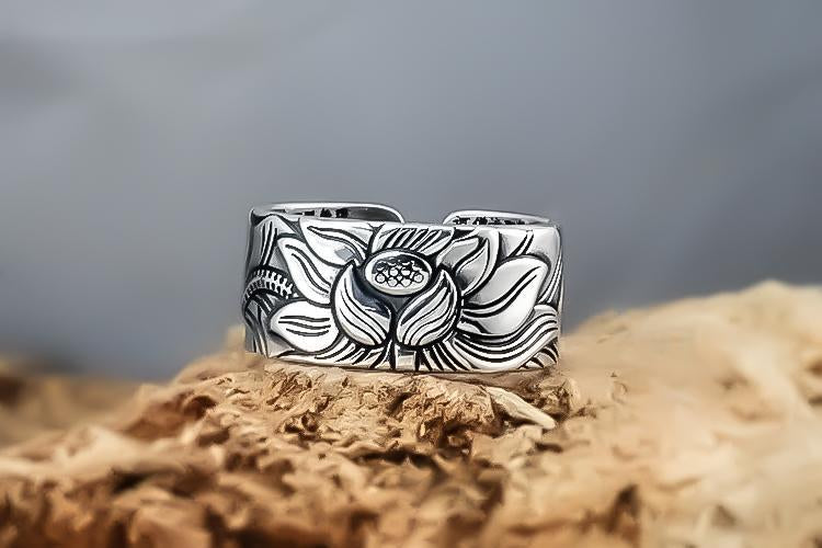 Silver Lotus Sutra Ring - Adjustable Unisex Lotus Flower Ring