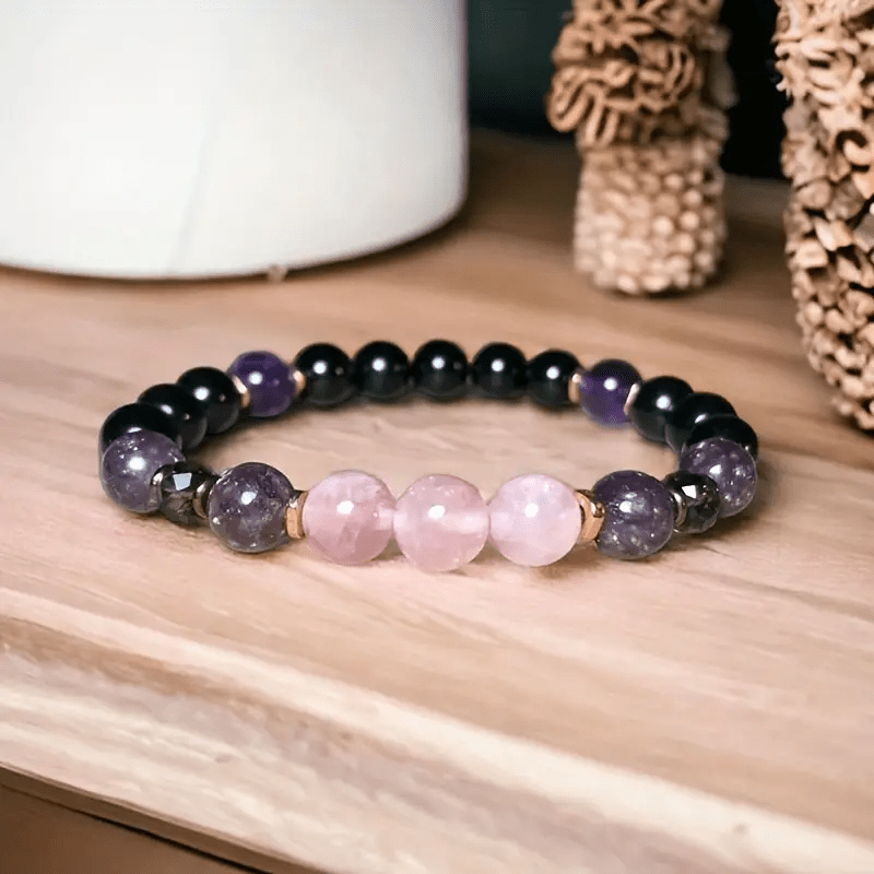Aurora - 8mm Rose Quartz, Obsidian & Amethyst Beaded Bracelet