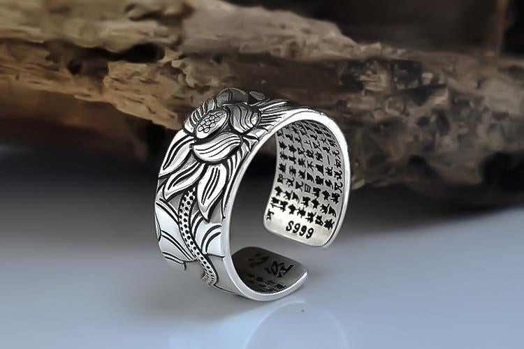 Silver Lotus Sutra Ring - Adjustable Unisex Lotus Flower Ring
