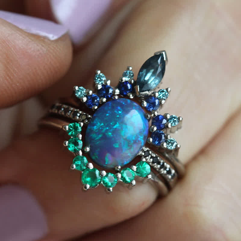 Isabella - 3-Piece Sapphire & Opal Ring Set for Women