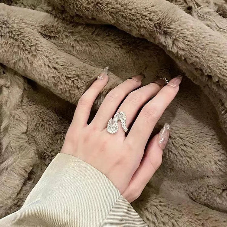 Seraphine S-Shaped Silver Ring - Sparkling Zirconia Statement Band