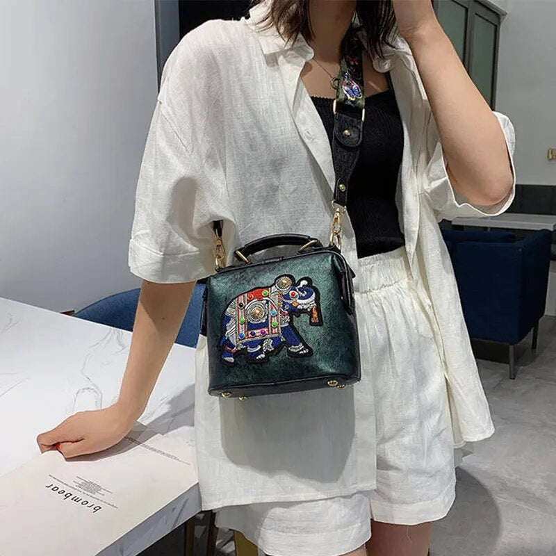 RoxyBag - Luxe Crossbody Bag with Embroidered Elephant Design