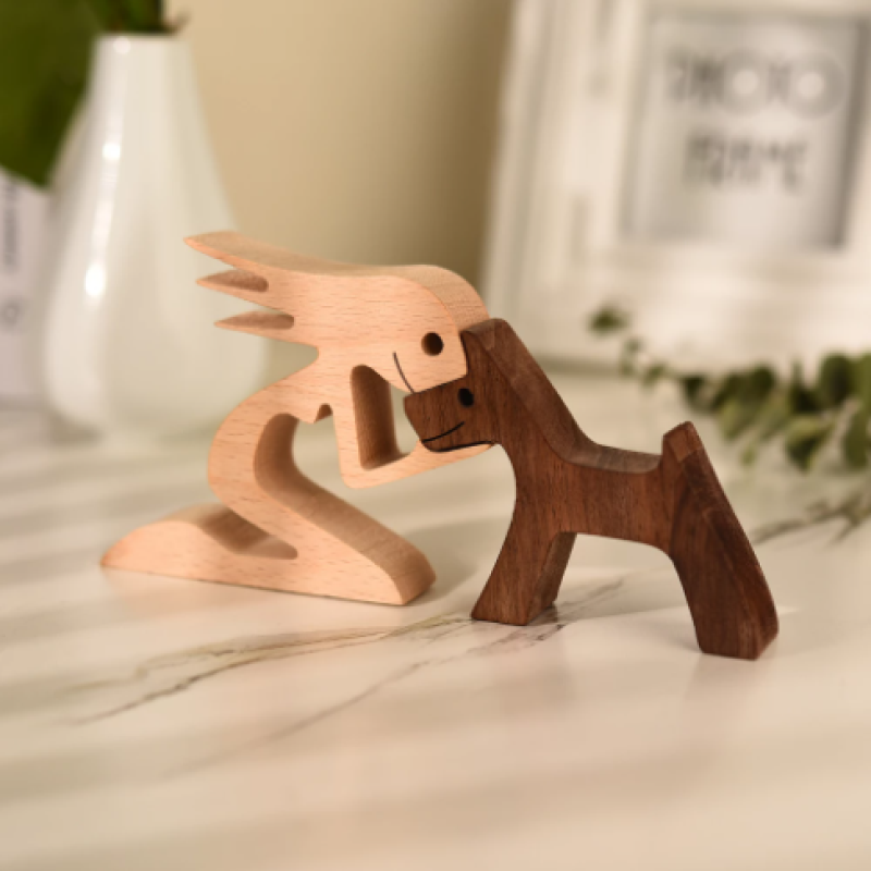 WoodenSculpt - Handmade Wooden Dog and Owner Figurine