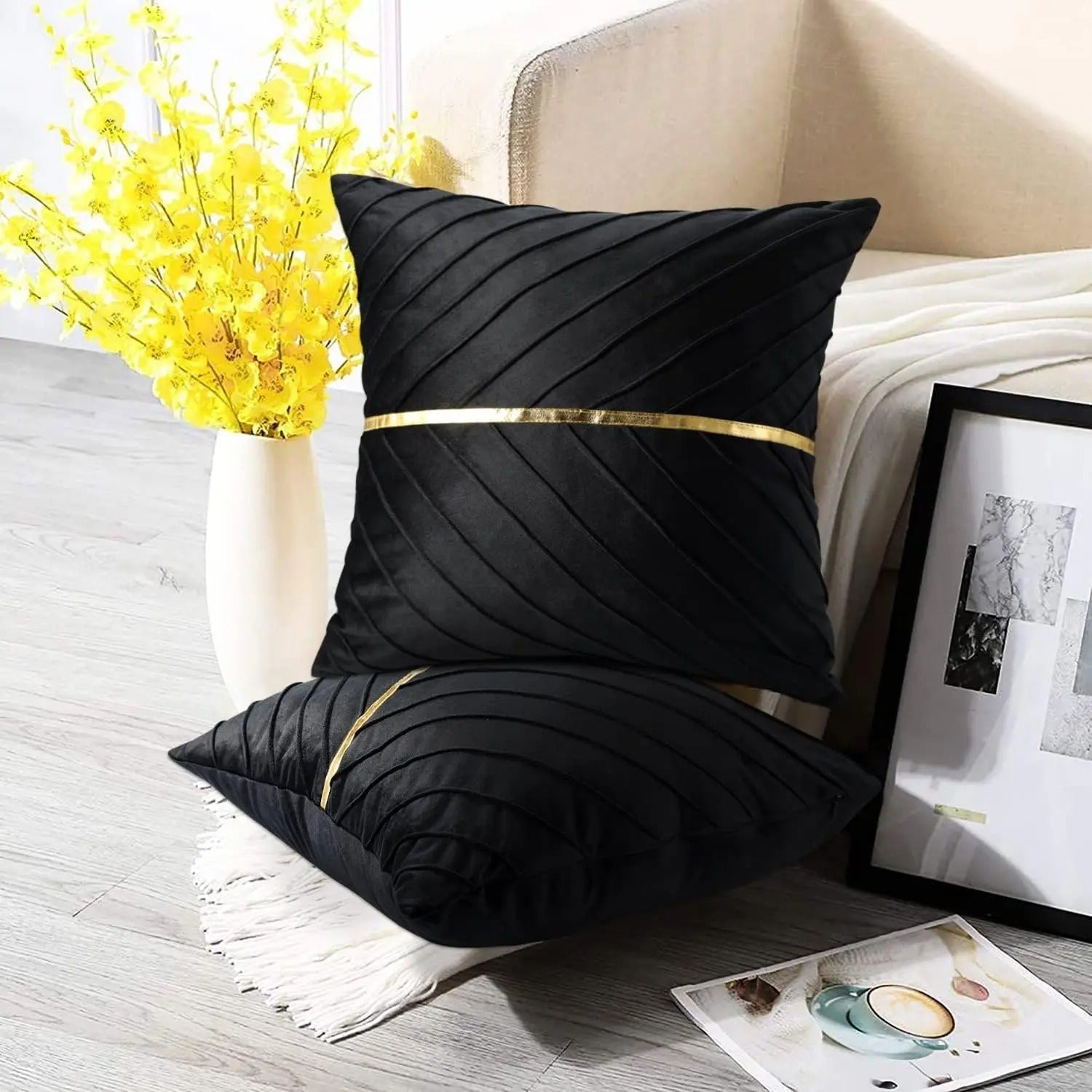 Noir Elegance Cushion Cover - Gold Sequin Velvet