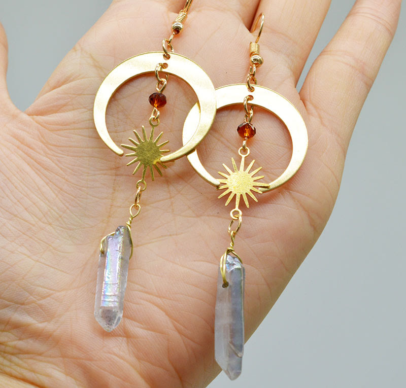 Elara - Natural Crystal Moon & Stars Earrings for Women