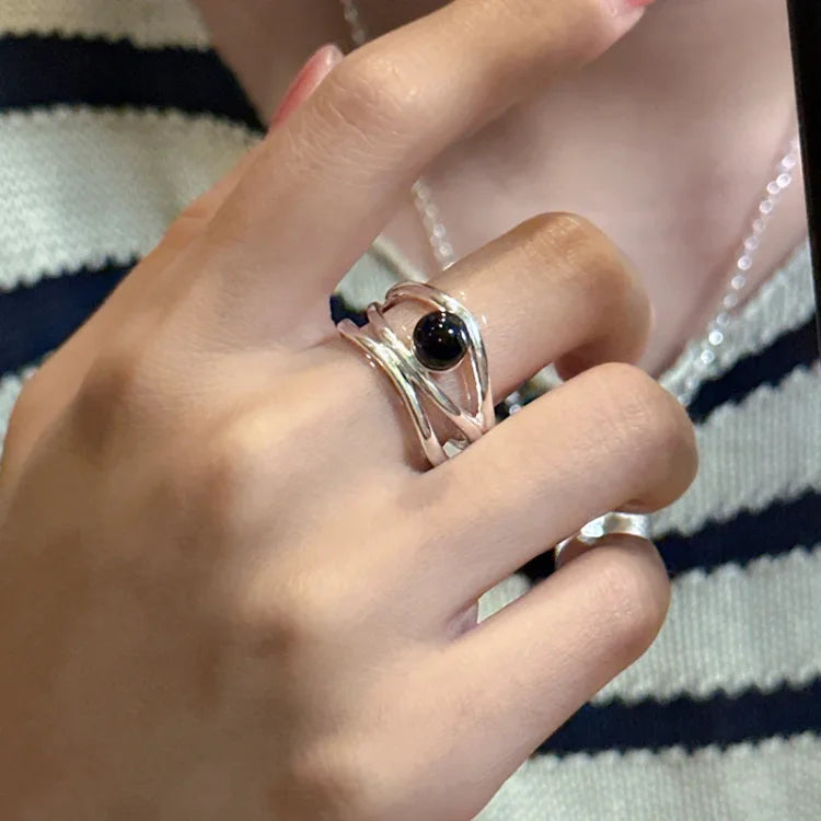 Arden - Black Onyx Multi-Line Sterling Silver Ring