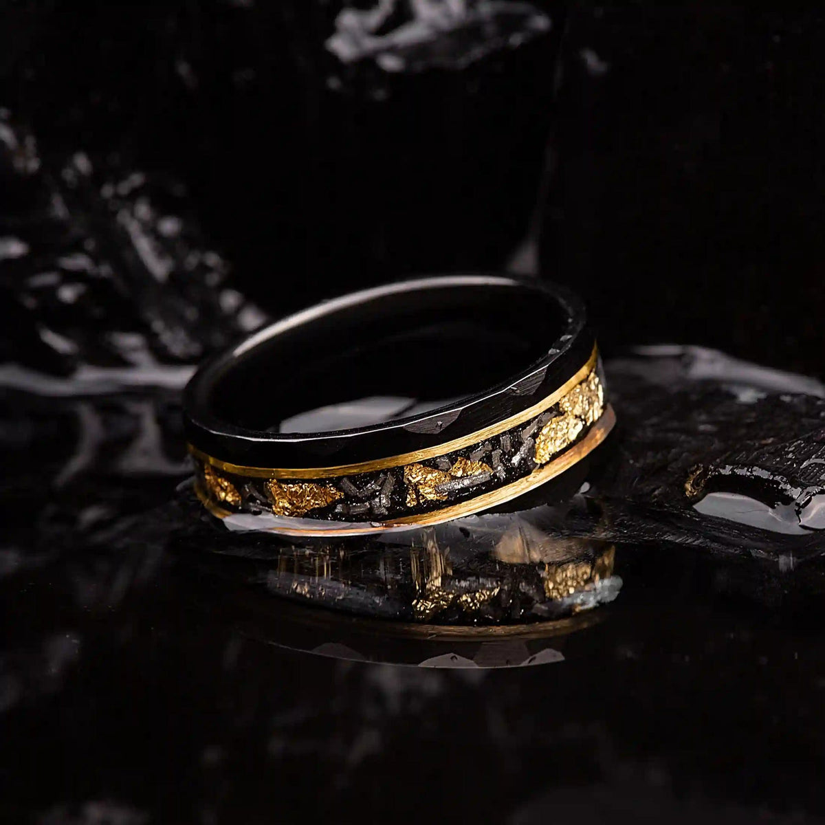 Orion Ring - Black Meteorite Tungsten Band with Gold Leaf Detail