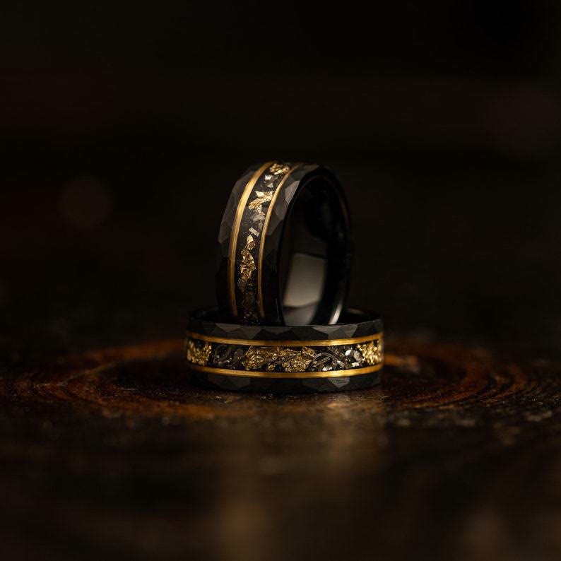 Orion Ring - Black Meteorite Tungsten Band with Gold Leaf Detail