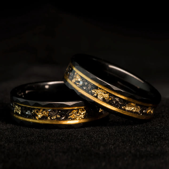 Orion Ring - Black Meteorite Tungsten Band with Gold Leaf Detail