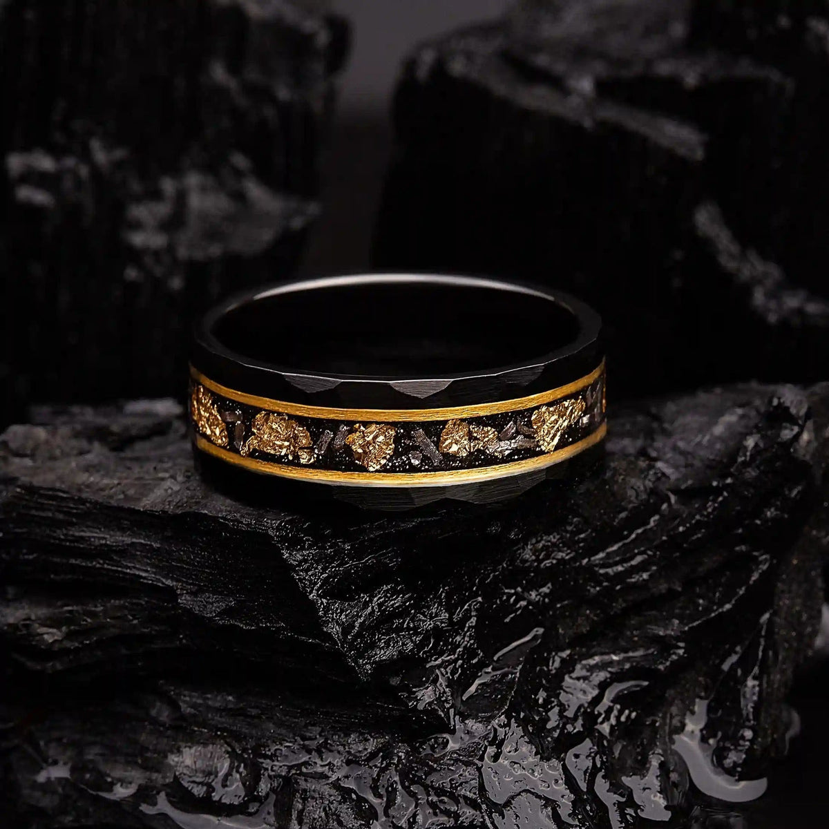 Orion Ring - Black Meteorite Tungsten Band with Gold Leaf Detail