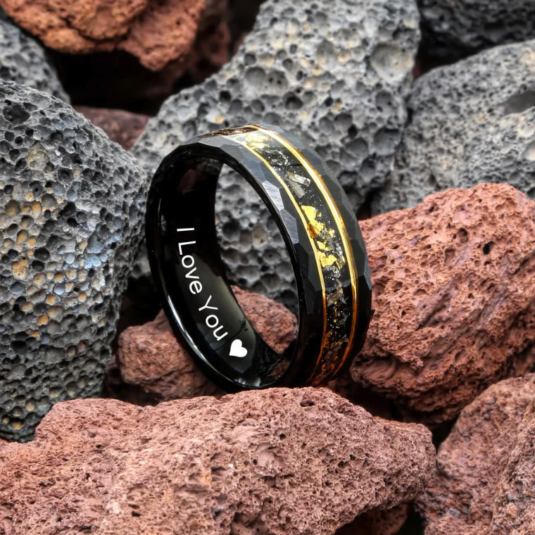 Orion Ring - Black Meteorite Tungsten Band with Gold Leaf Detail