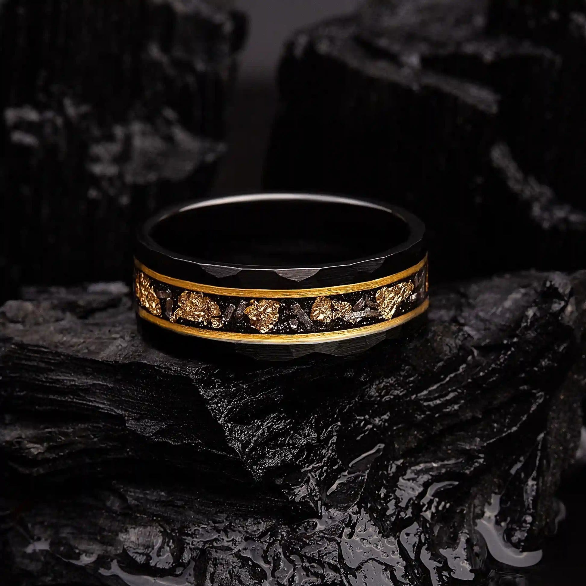 Orion - Black Meteorite Ring with Gold Leaf Detail for Men