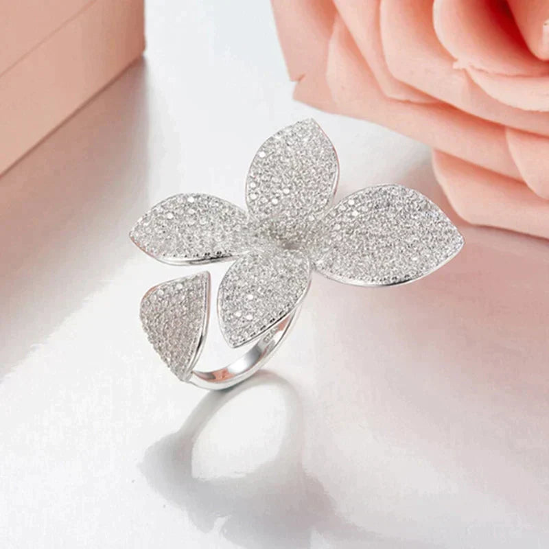 Silver Flower Petal Ring - Bold Adjustable Statement Ring with Zirconia