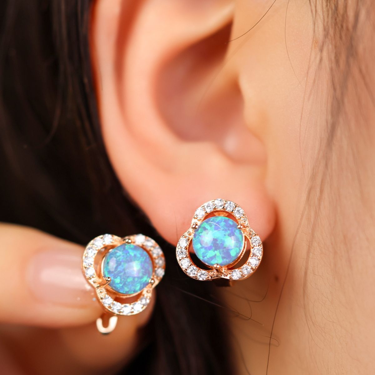 Elara - White Opal & Zirconia Clover Earrings for Women