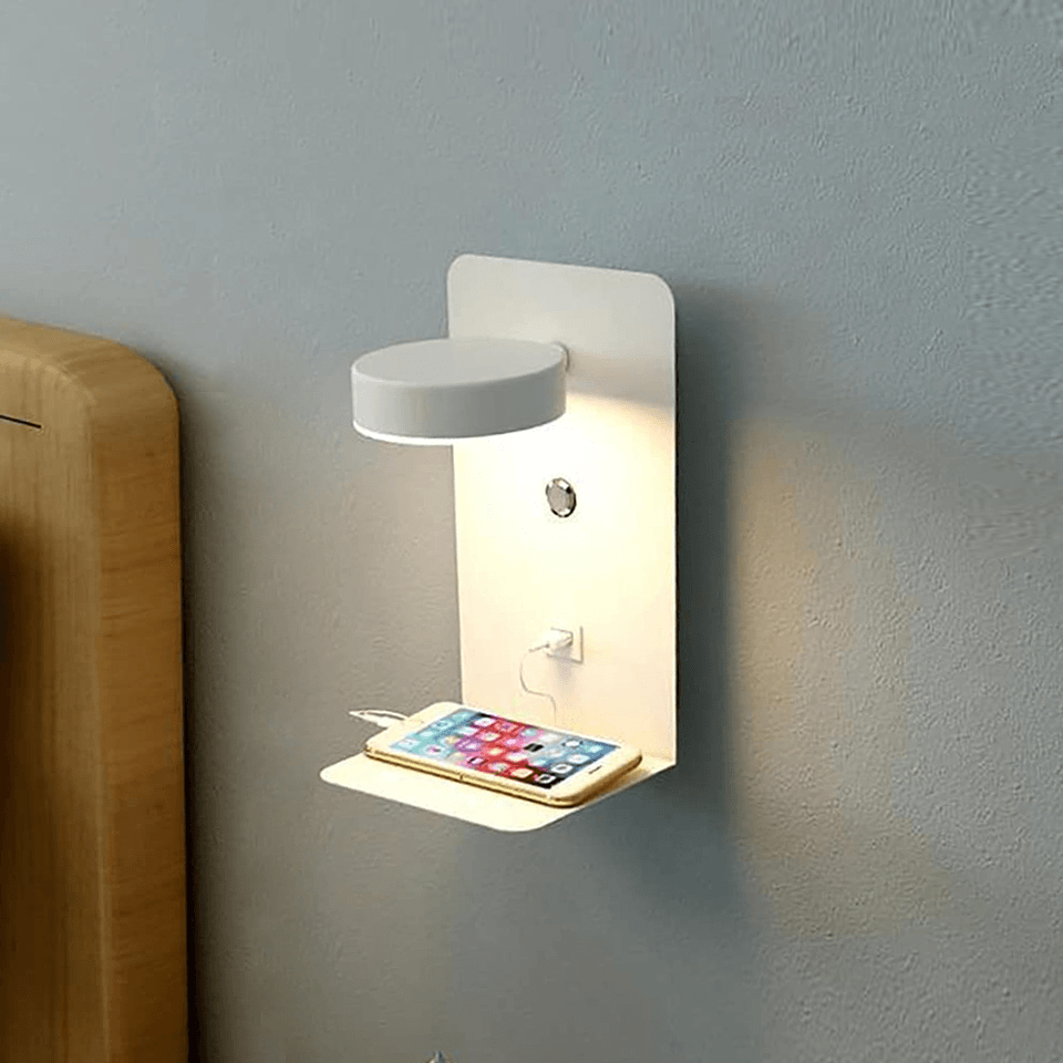 GlowUp Light Station - LED Wall Lamp with Shelf and USB Charging