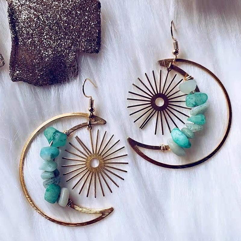 Elara - Natural Crystal Moon & Stars Earrings for Women