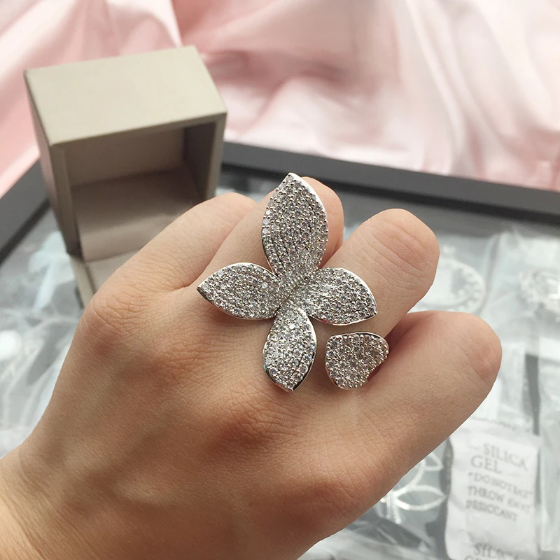 Silver Flower Petal Ring - Bold Adjustable Statement Ring with Zirconia