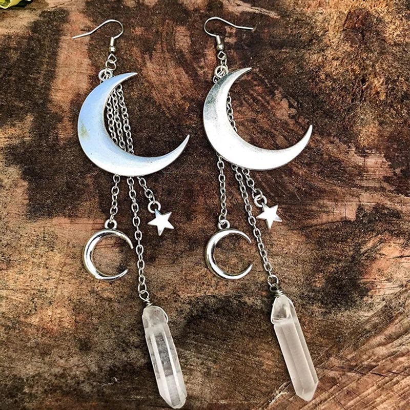Elara - Natural Crystal Moon & Stars Earrings for Women